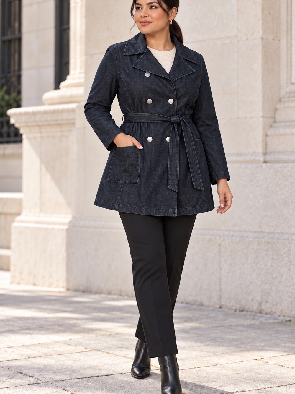 Talbots Black Double-Breasted Belted Trench Coat